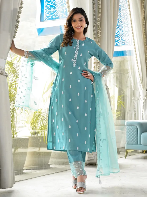 Stone blue casual kurti set in cotton