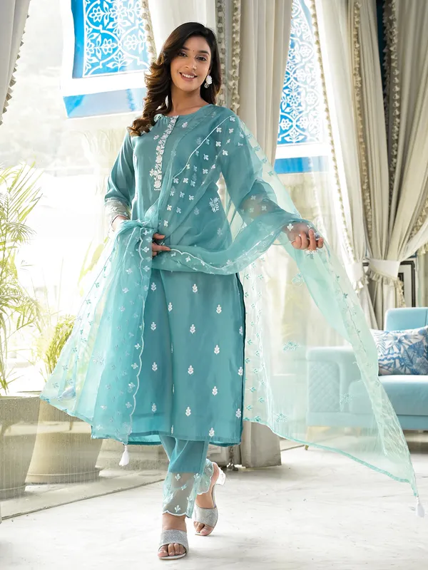 Stone blue casual kurti set in cotton