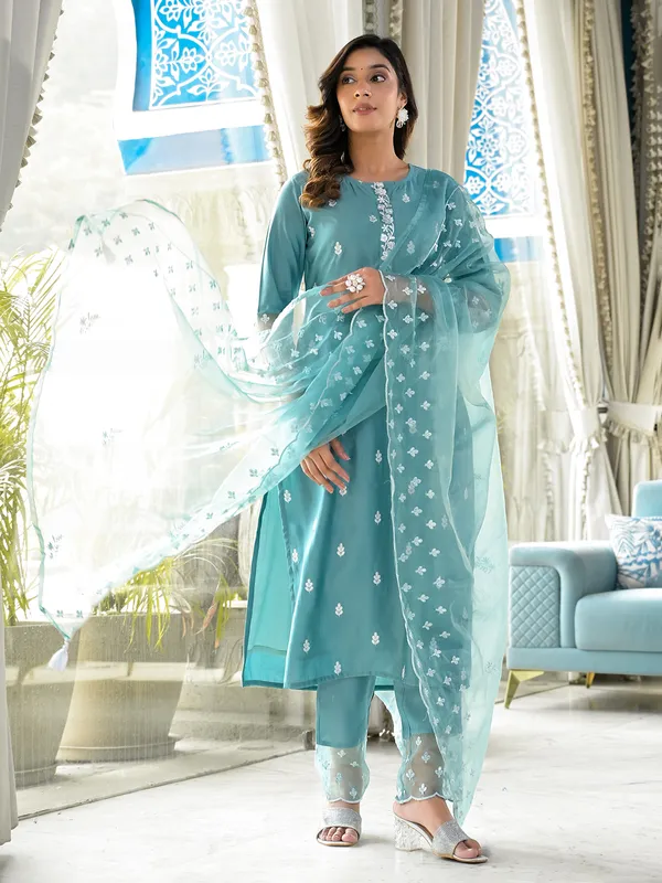 Stone blue casual kurti set in cotton