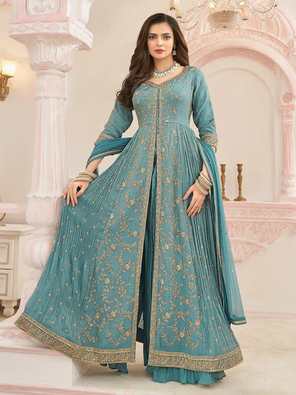 Stone blue chiffon palazzo suit for wedding