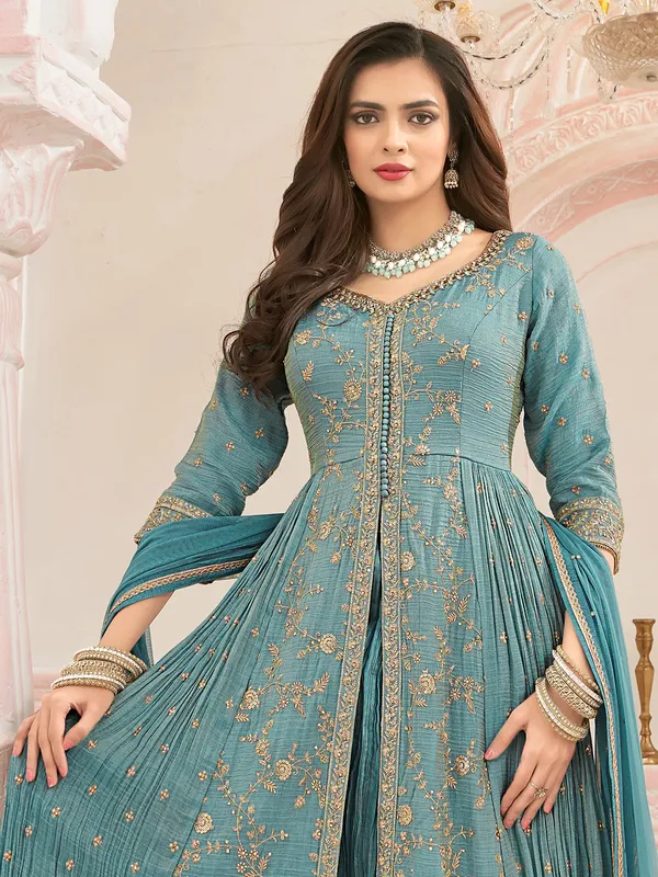 Stone blue chiffon palazzo suit for wedding