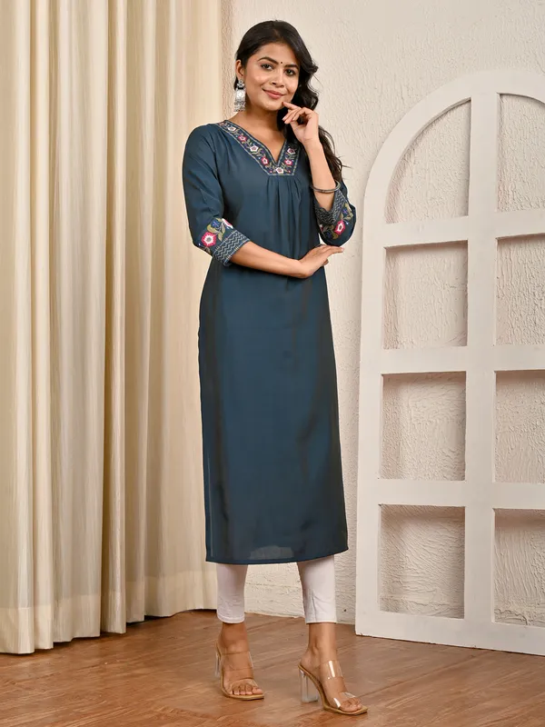 Stone blue cotton silk embroidered work kurti