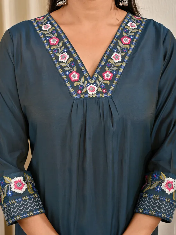 Stone blue cotton silk embroidered work kurti