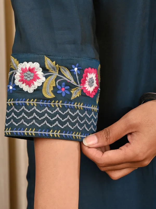 Stone blue cotton silk embroidered work kurti