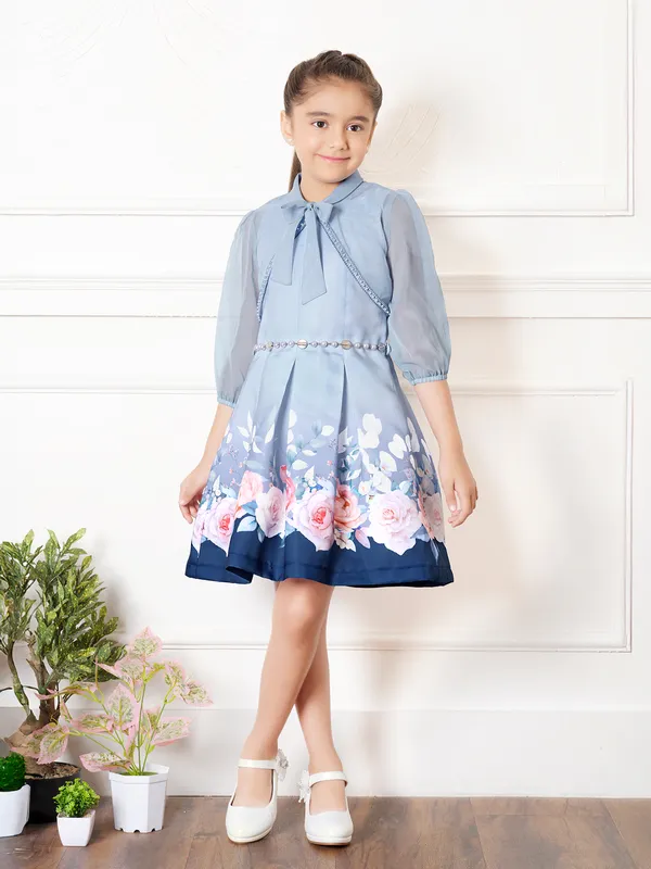 Stone blue cotton silk printed jacket frock with belt
