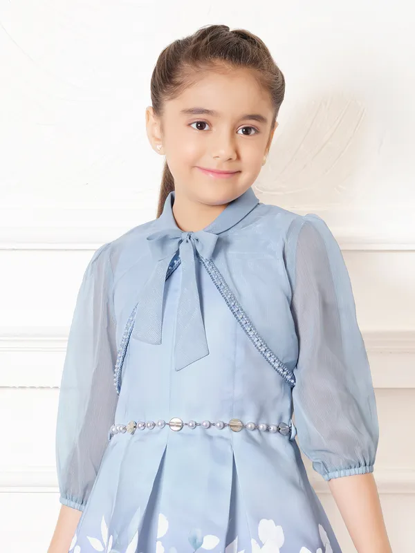 Stone blue cotton silk printed jacket frock with belt