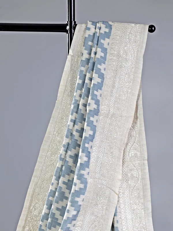 Stone blue cotton silk saree with embroidery
