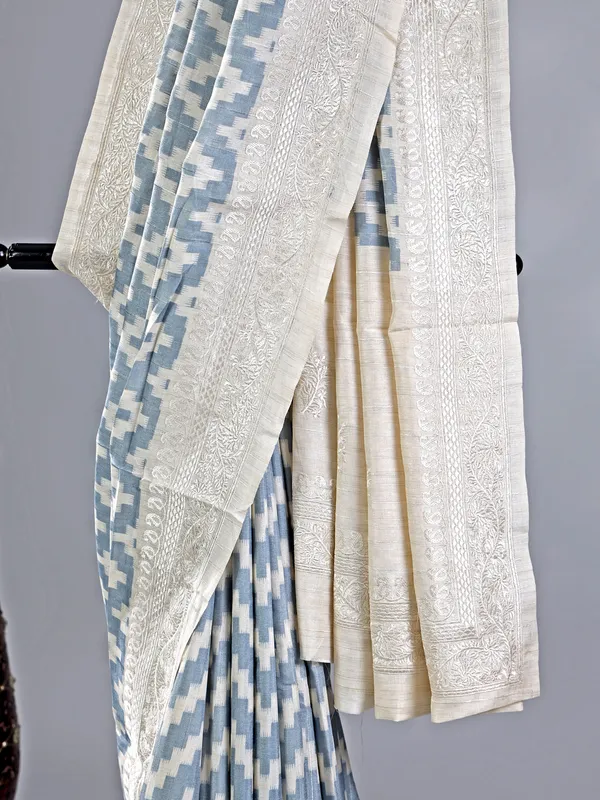 Stone blue cotton silk saree with embroidery