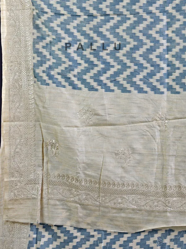 Stone blue cotton silk saree with embroidery