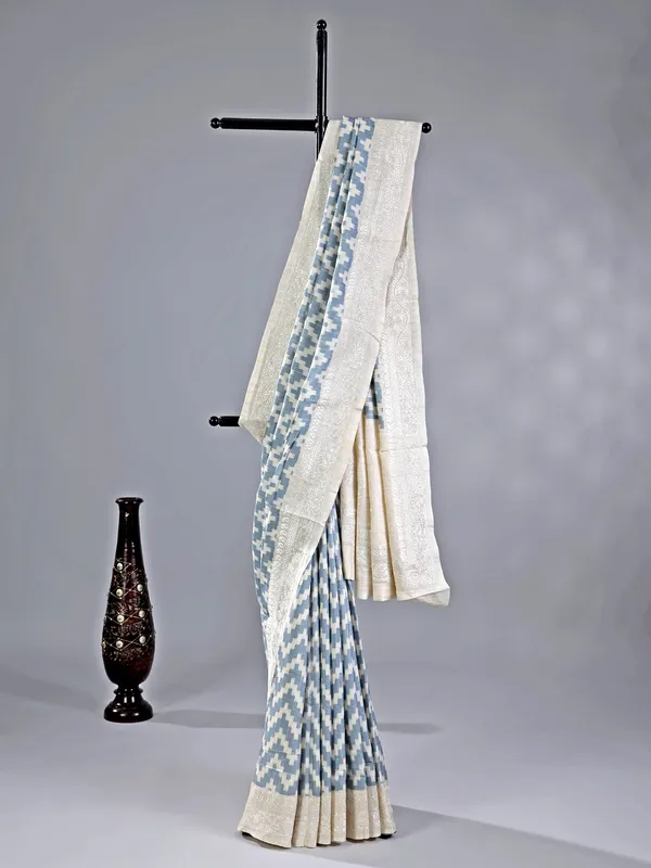 Stone blue cotton silk saree with embroidery