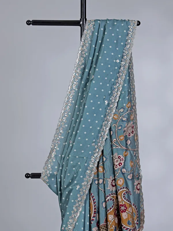 Stone blue gaji silk wedding wear saree
