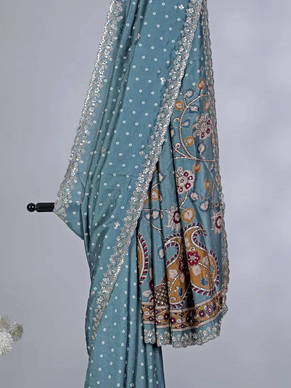 Stone blue gaji silk wedding wear saree