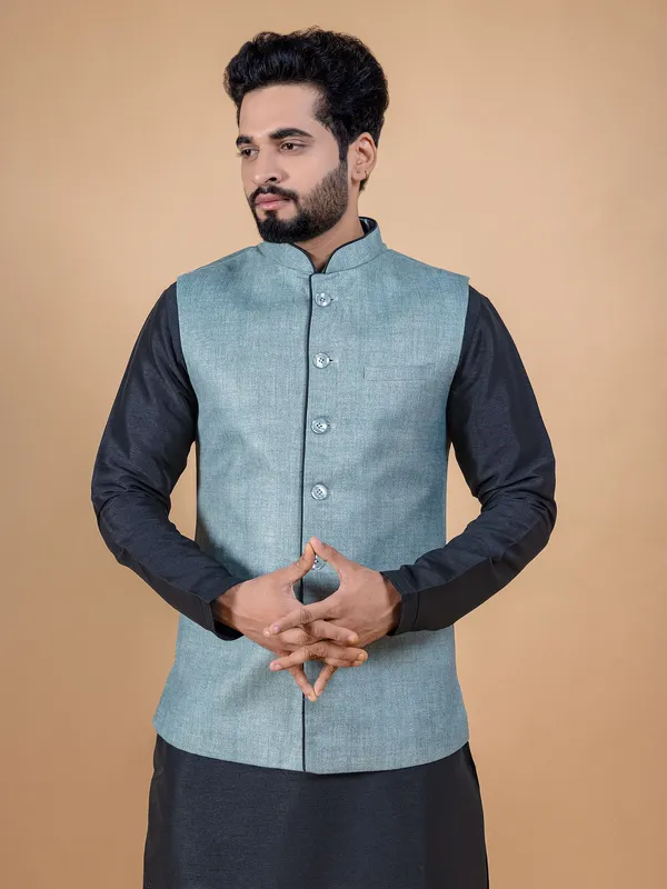 Stone blue jute silk waistcoat set