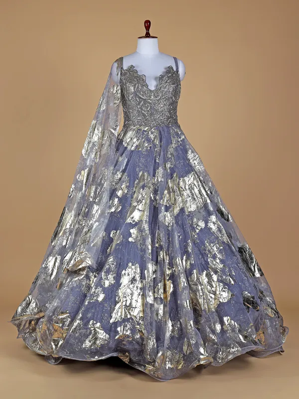 Stone blue organza designer gown