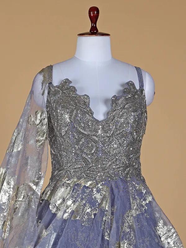 Stone blue organza designer gown