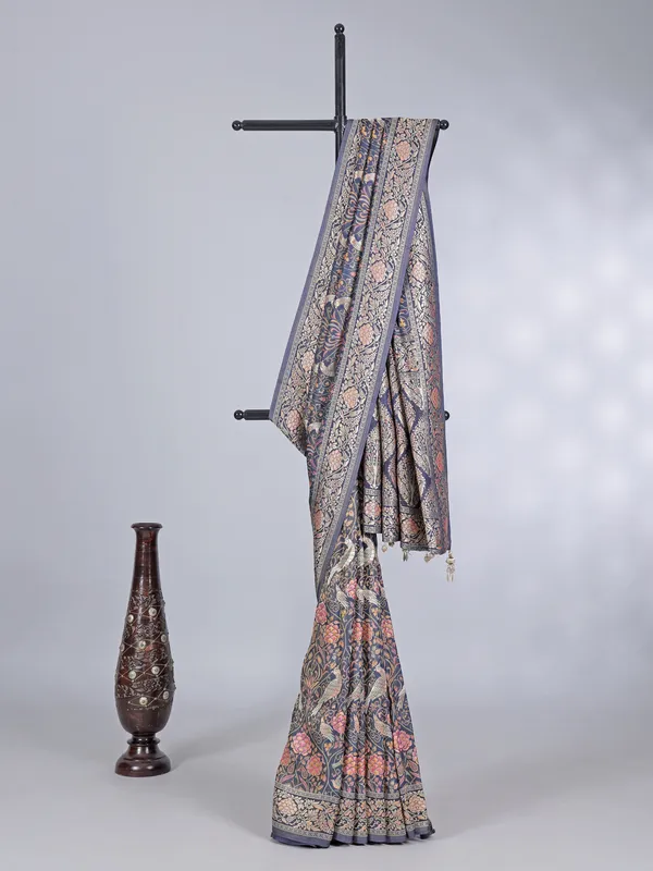 Stone blue pashmina silk saree with contrast border