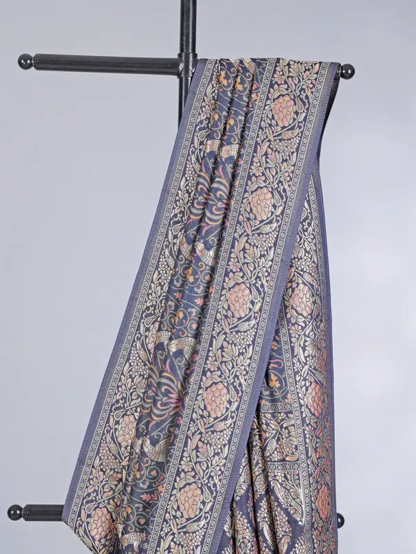 Stone blue pashmina silk saree with contrast border