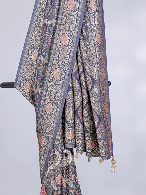 Stone blue pashmina silk saree with contrast border