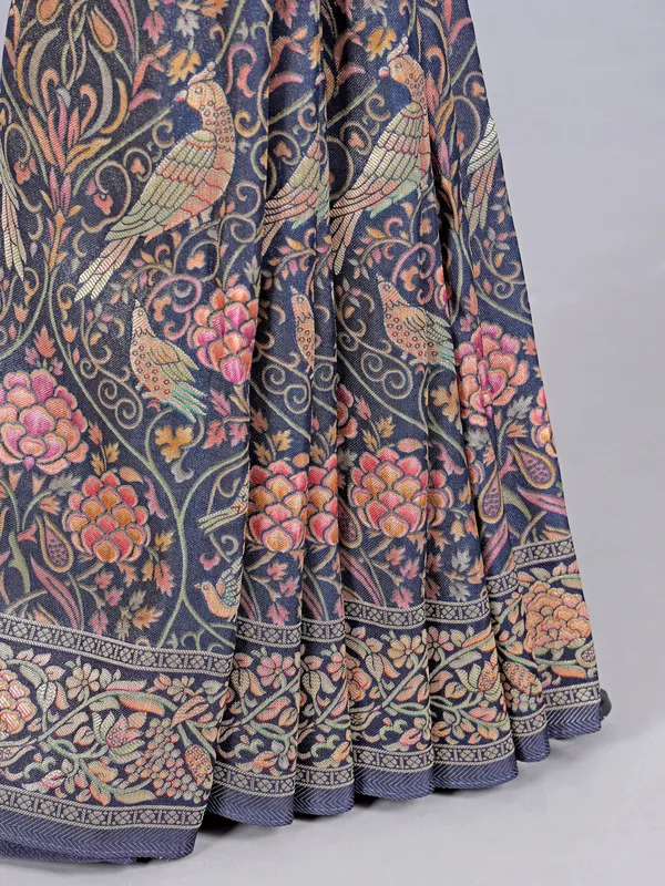 Stone blue pashmina silk saree with contrast border