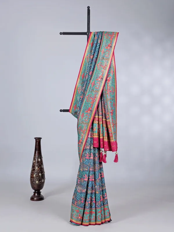 Stone blue pashmina silk saree with motif work