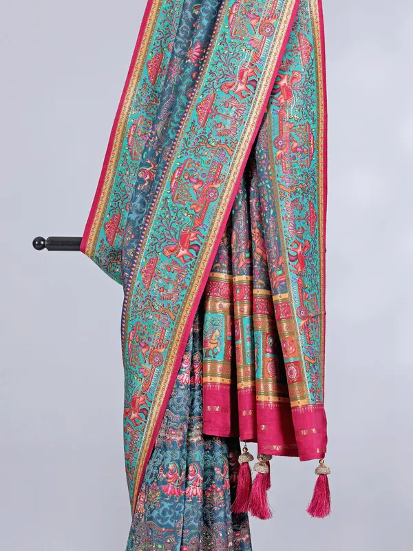 Stone blue pashmina silk saree with motif work