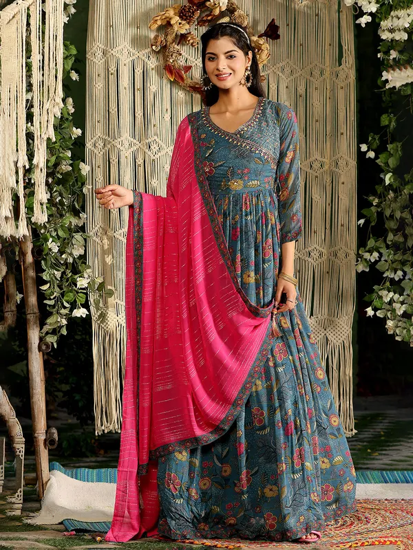 Stone blue printed anarkali suit in silk