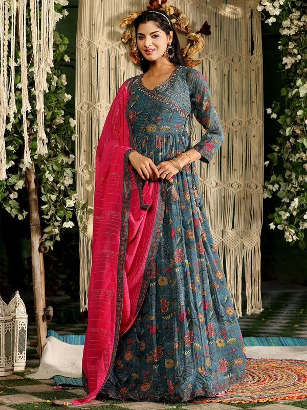 Stone blue printed anarkali suit in silk