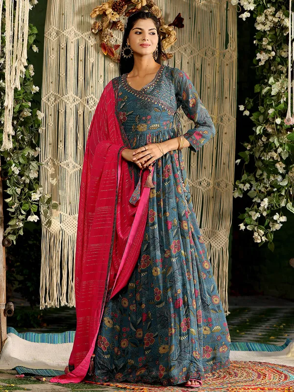 Stone blue printed anarkali suit in silk