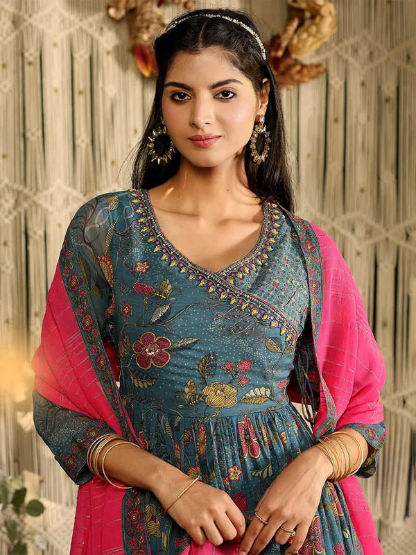 Stone blue printed anarkali suit in silk
