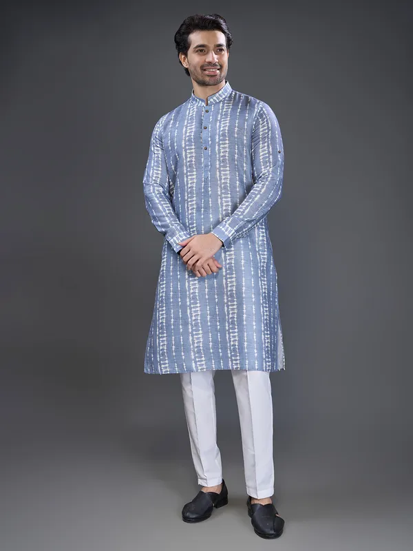 Stone blue printed cotton kurta suit