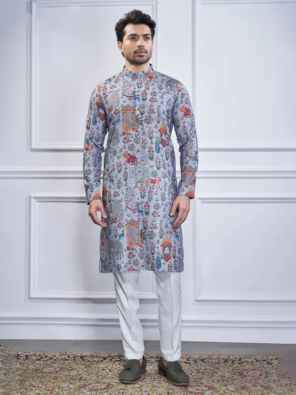 Stone blue printed cotton kurta suit for festive wear
