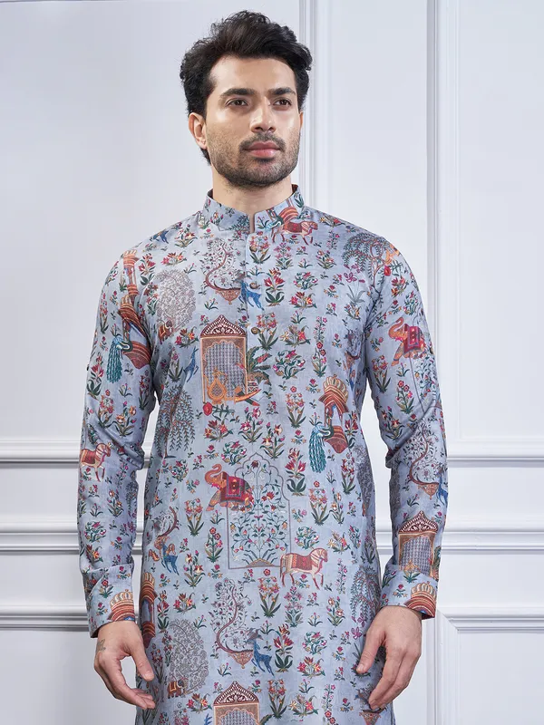 Stone blue printed cotton kurta suit for festive wear