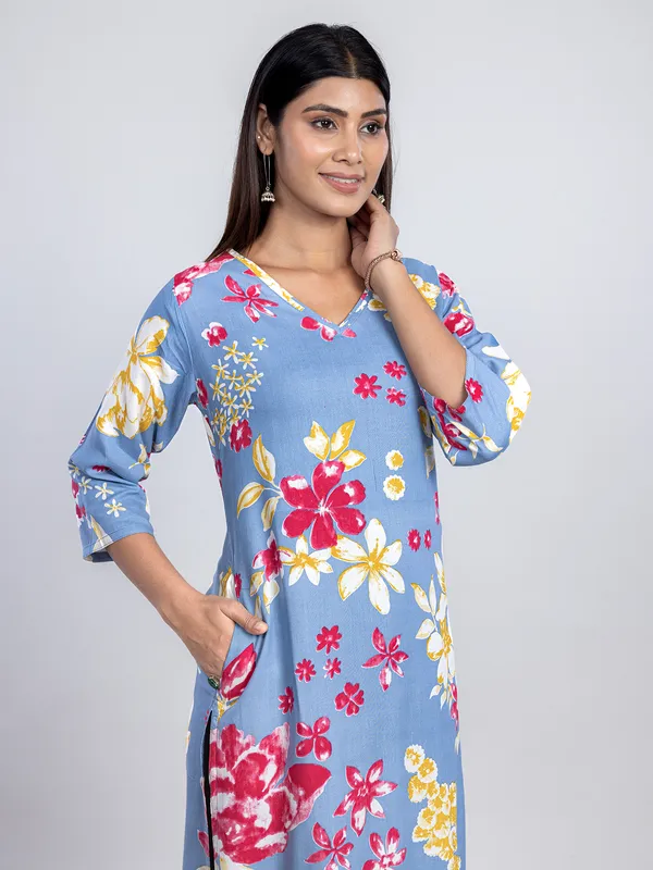 Stone blue printed cotton kurti for casual