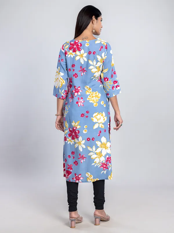Stone blue printed cotton kurti for casual