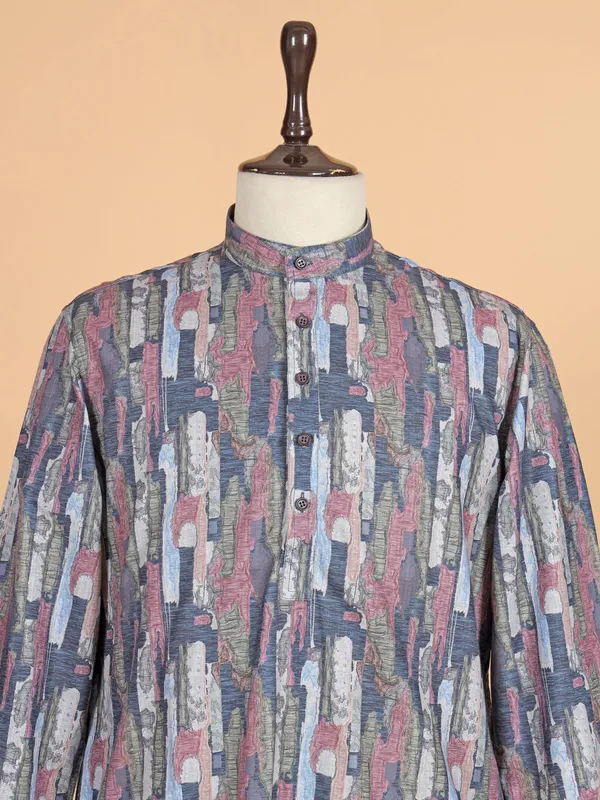 Stone blue printed cotton silk kurta suit for men