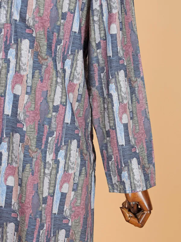 Stone blue printed cotton silk kurta suit for men