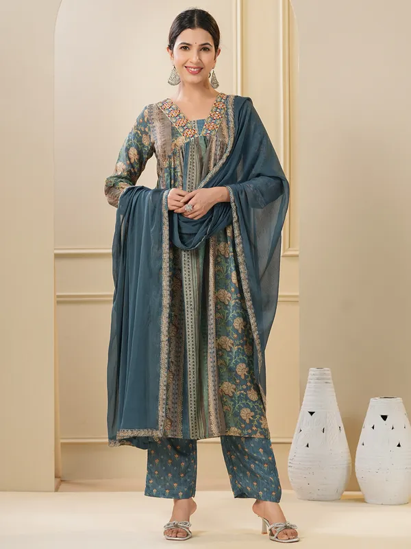 Stone blue printed kurti set