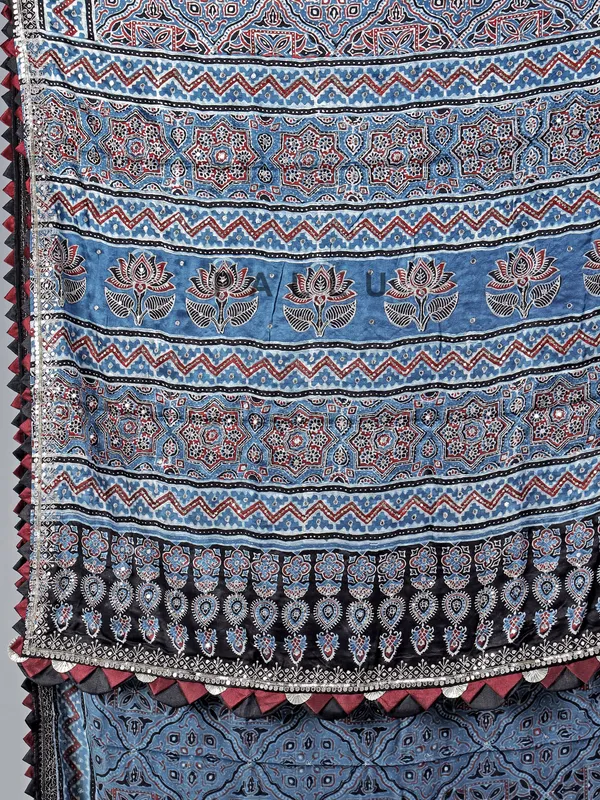 Stone blue printed satin silk festive wear saree