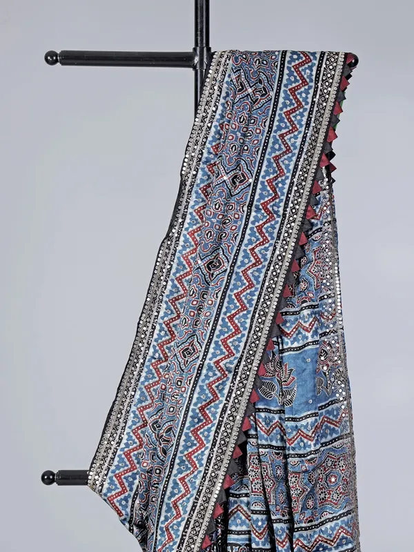 Stone blue printed satin silk festive wear saree