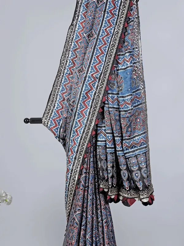 Stone blue printed satin silk festive wear saree