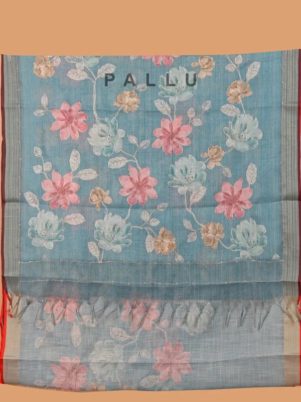 Stone blue printed semi linen saree for women