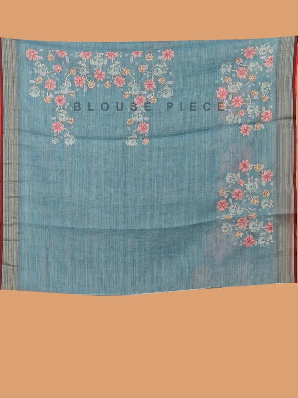 Stone blue printed semi linen saree for women