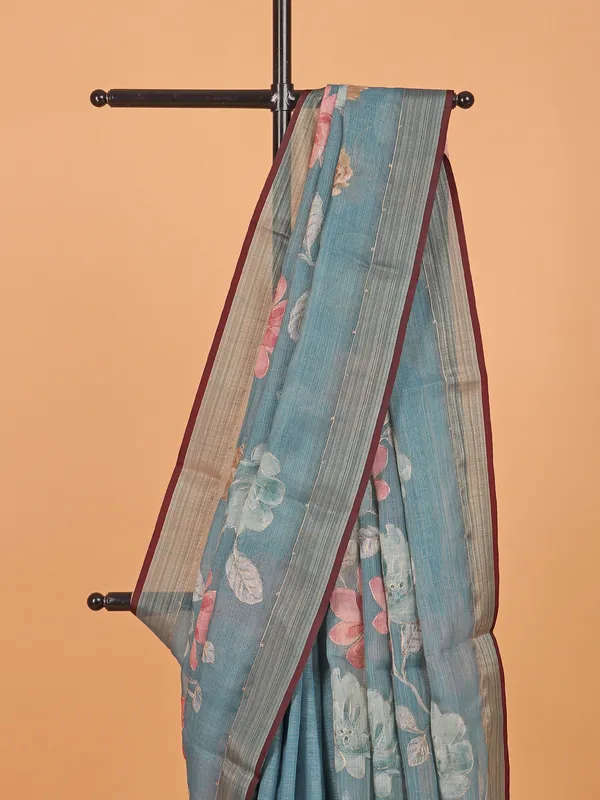 Stone blue printed semi linen saree for women