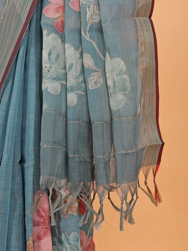 Stone blue printed semi linen saree for women