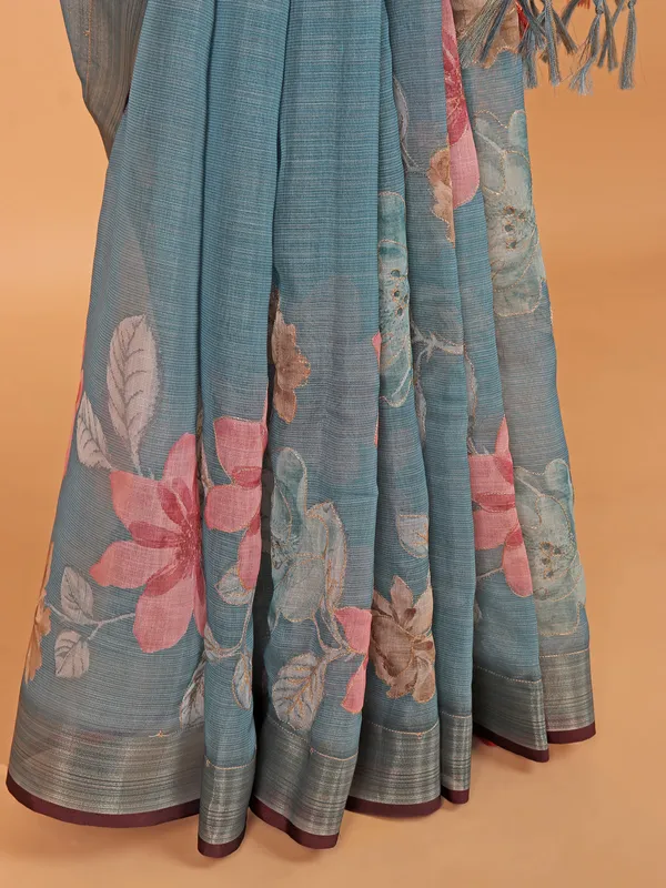 Stone blue printed semi linen saree for women
