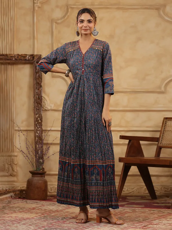 Stone blue printed silk kurti set with coins work