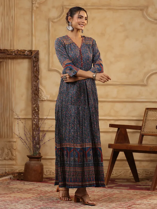 Stone blue printed silk kurti set with coins work