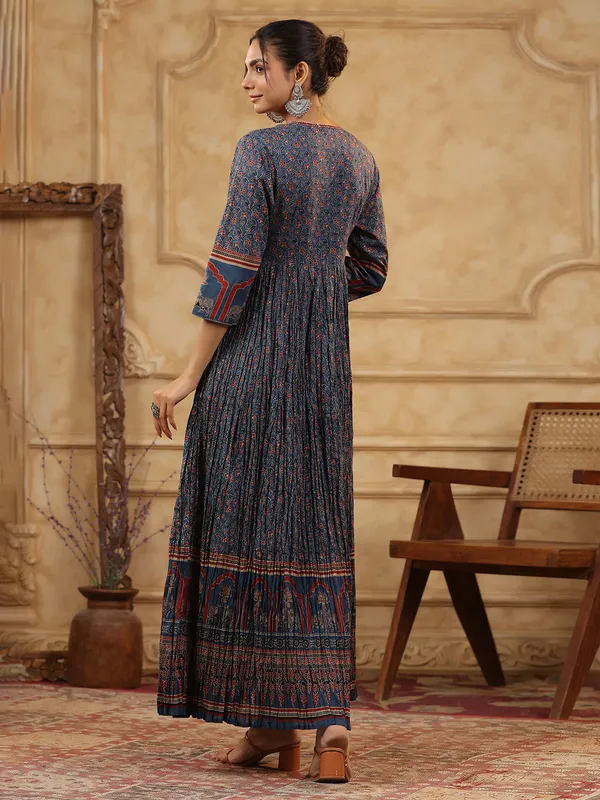 Stone blue printed silk kurti set with coins work