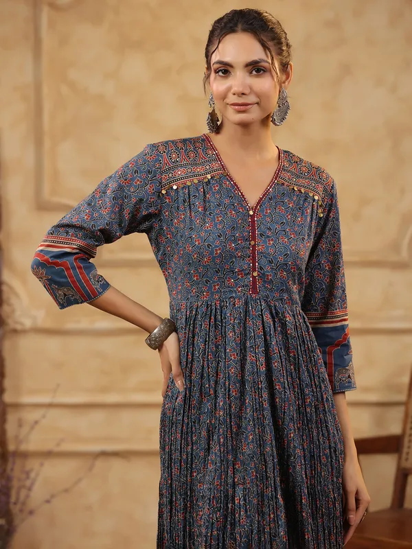 Stone blue printed silk kurti set with coins work