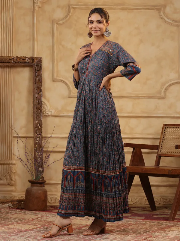 Stone blue printed silk kurti set with coins work